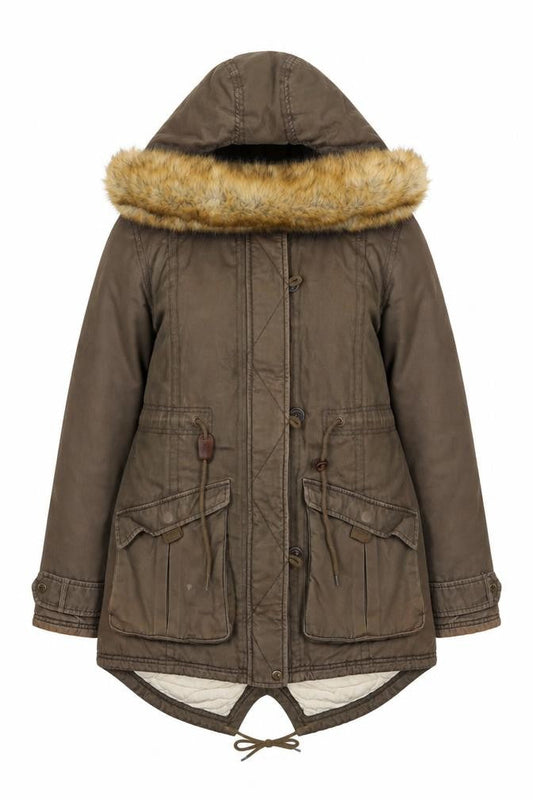 Puffa Womens Brown Cotton Fur Trim Hooded Parka Coat Size 12