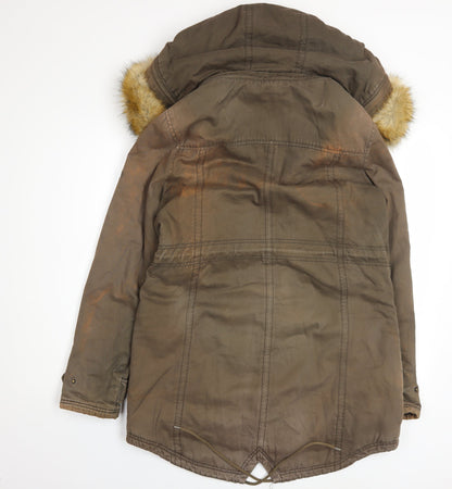 Puffa Womens Brown Cotton Fur Trim Hooded Parka Coat Size 12