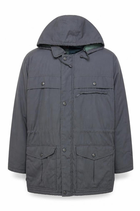 Front view of Wellington Men’s Grey Parka Jacket L Hooded Lined Water Resistant