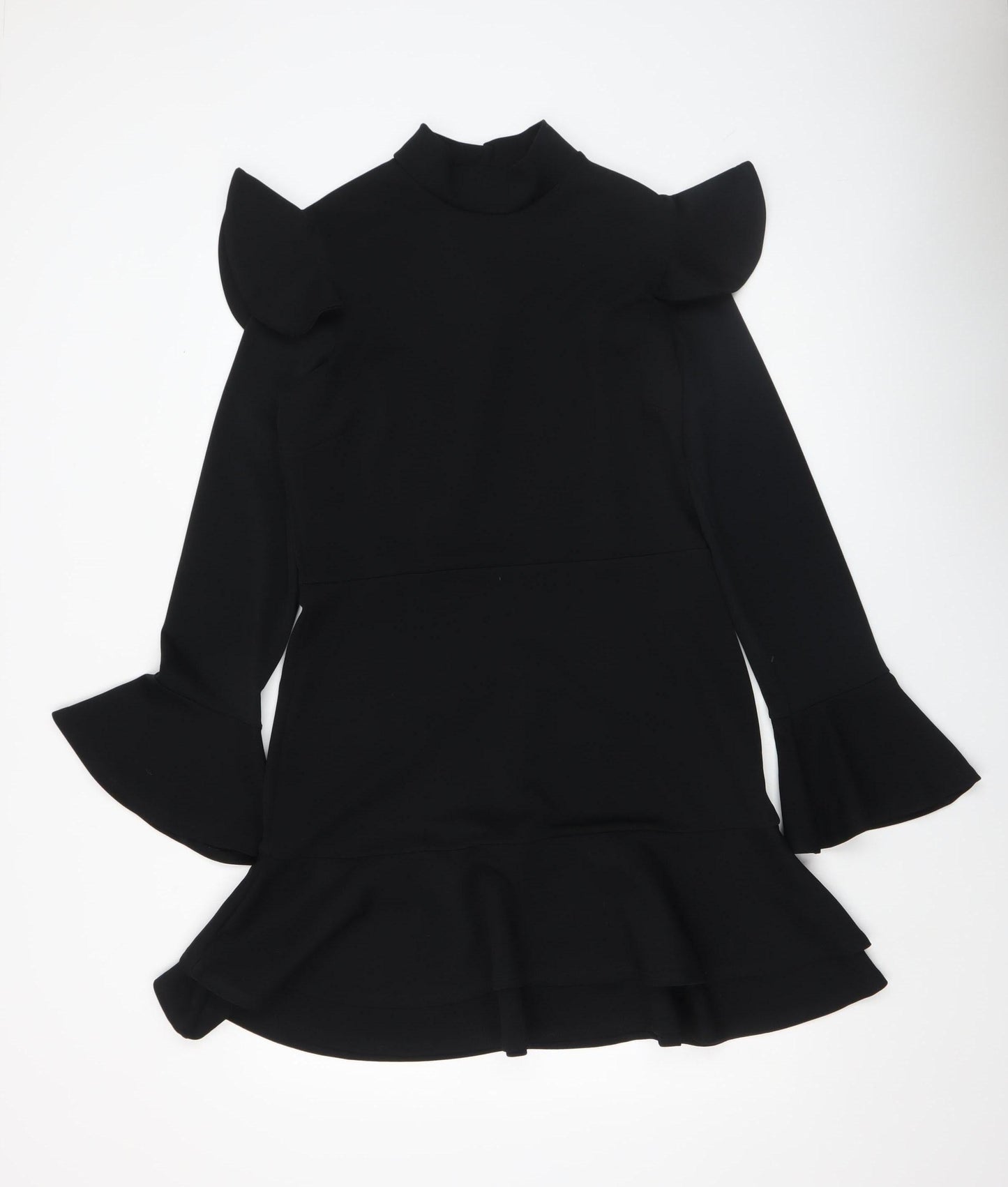 Boohoo Women Black Size 14 Bodycon Ruffle Long Sleeve Short Dress