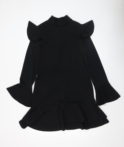 Boohoo Women Black Size 14 Bodycon Ruffle Long Sleeve Short Dress