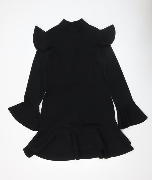 Boohoo Women Black Size 14 Bodycon Ruffle Long Sleeve Short Dress