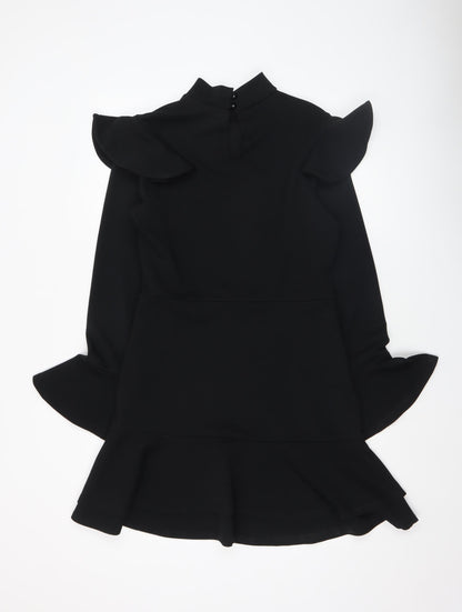 Boohoo Women Black Size 14 Bodycon Ruffle Long Sleeve Short Dress