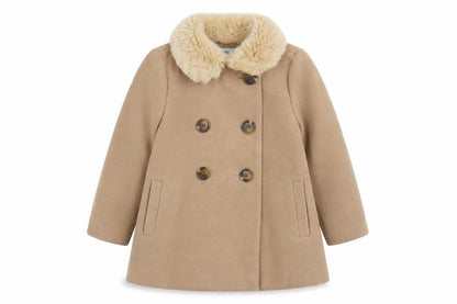 F&F Girls Beige Faux Fur Collar Double Breasted Pea Coat 3-4 Years