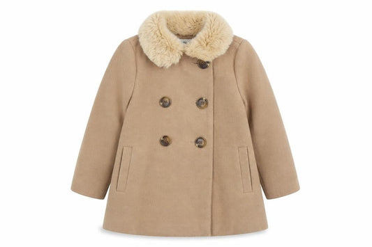 F&F Girls Beige Faux Fur Collar Double Breasted Pea Coat 3-4 Years