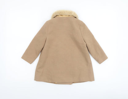 F&F Girls Beige Faux Fur Collar Double Breasted Pea Coat 3-4 Years
