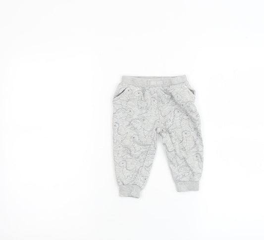 NPO Baby Grey Dinosaur Jogger Trousers 12 Months Unisex Cotton Blend