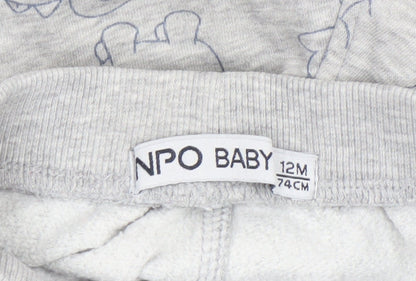 NPO Baby Grey Dinosaur Jogger Trousers 12 Months Unisex Cotton Blend