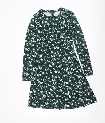 New Look Women’s Green Floral A-Line Knee Length Long Sleeve Dress Size 6