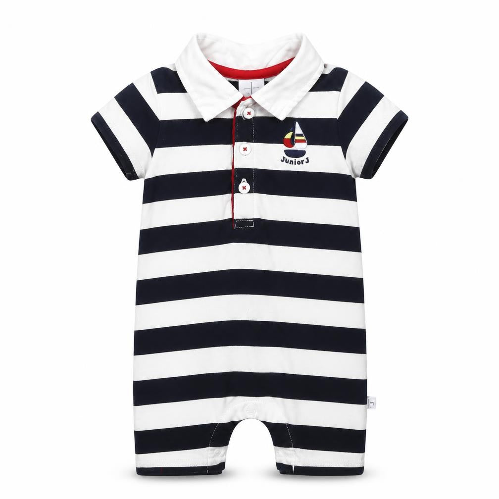 Front view of Debenhams Newborn boys’ navy & white striped romper babygrow 100% cotton
