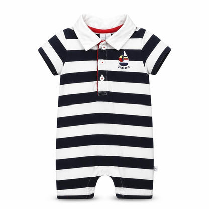 Front view of Debenhams Newborn boys’ navy & white striped romper babygrow 100% cotton