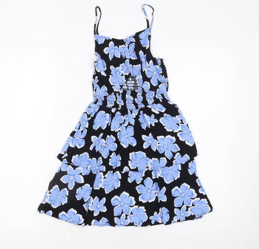 915 Girls Black Blue Floral Skater Dress Age 10 Viscose Summer Sleeveless