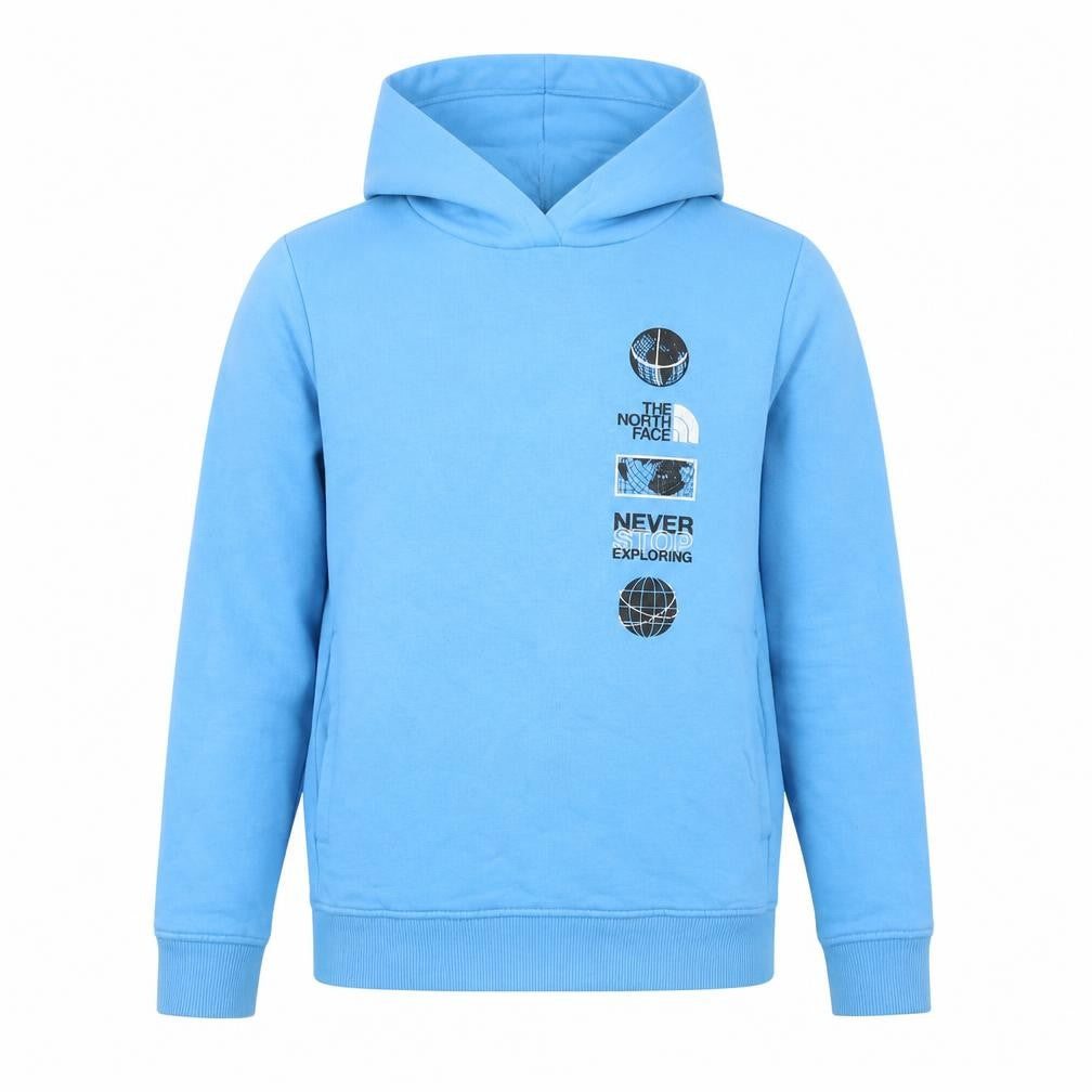 Front view of The North Face boys’ blue xl pullover hoodie cotton blend graphic sweatshirt