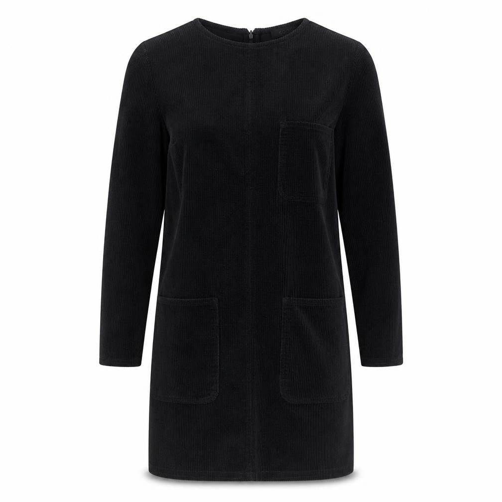 Front view of COS Women Black Cotton Corduroy Shift Dress, size 6, Long Sleeve