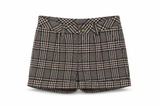 Front view of Tyess girls’ brown check chino shorts size 10a 140cm 100% cotton