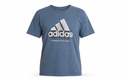 Front view of Adidas men’s blue crew neck graphic print cotton t-shirt, size M
