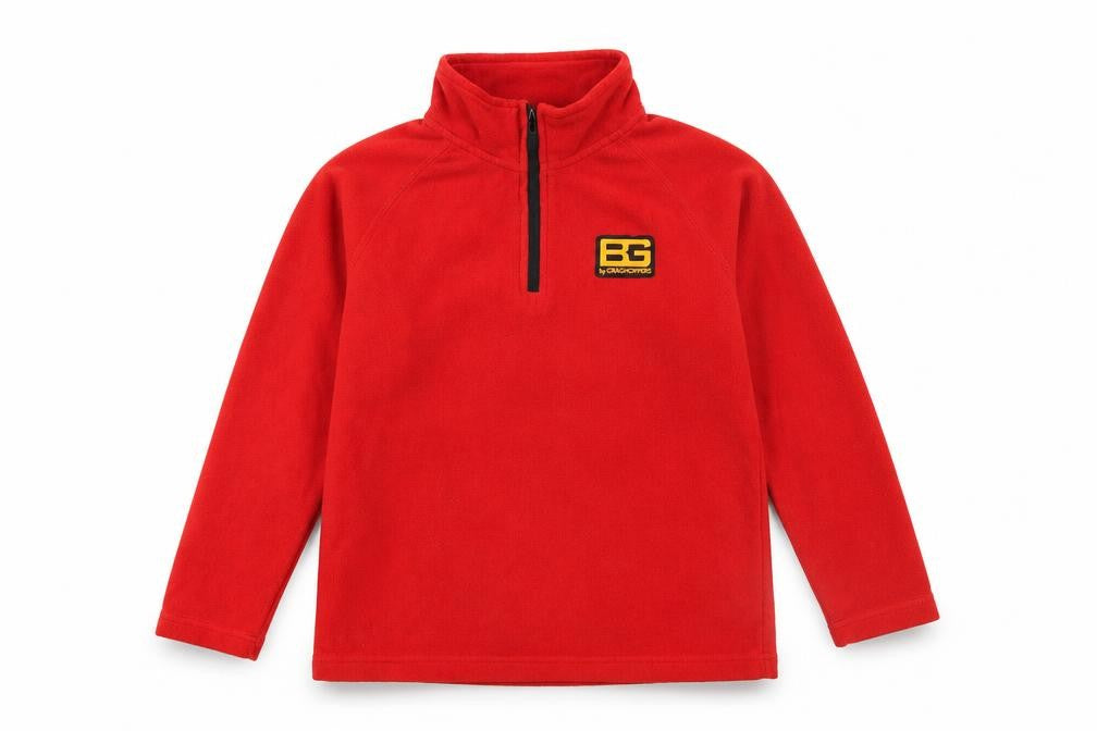 Front view of Craghoppers Bear Grylls boys’ red fleece 1/4 zip sweatshirt age 11-12
