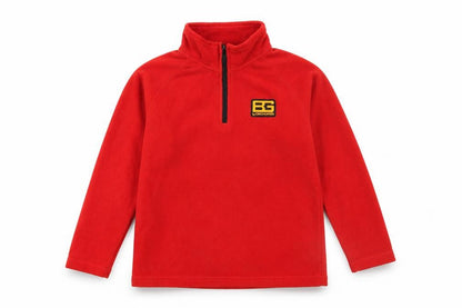Front view of Craghoppers Bear Grylls boys’ red fleece 1/4 zip sweatshirt age 11-12
