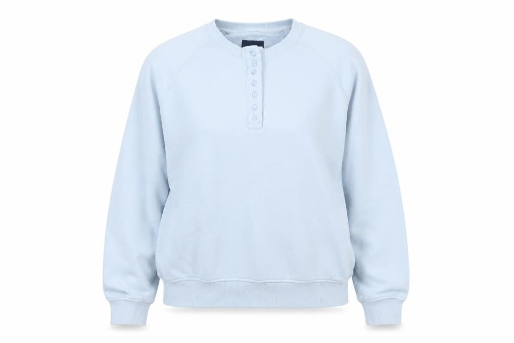 Front view of Crew Clothing Women Blue Henley Sweatshirt, size 6, Cotton