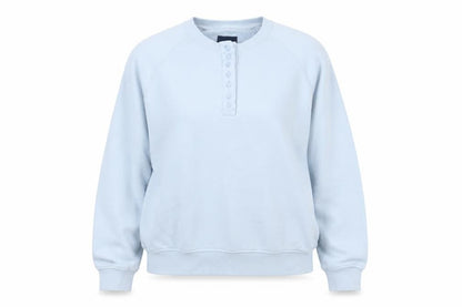 Front view of Crew Clothing Women Blue Henley Sweatshirt, size 6, Cotton