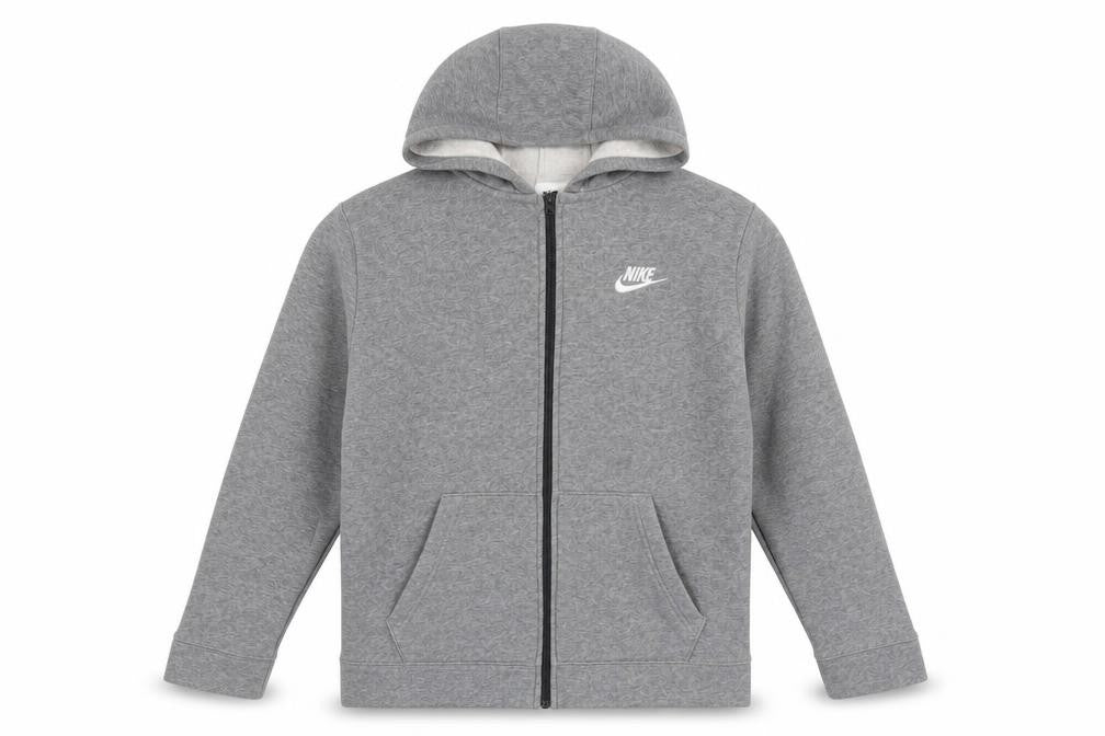 Front view of Nike boys’ grey full zip hoodie xl 158-170cm cotton fleece sweatshirt