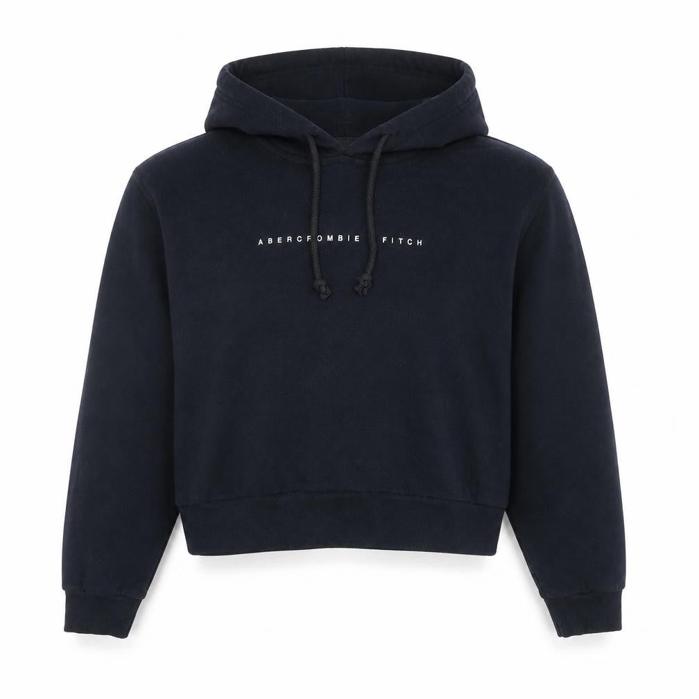 Front view of Abercrombie & Fitch unisex black xs pullover hoodie logo fleece
