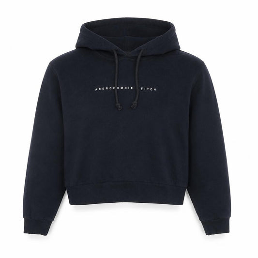 Front view of Abercrombie & Fitch unisex black xs pullover hoodie logo fleece