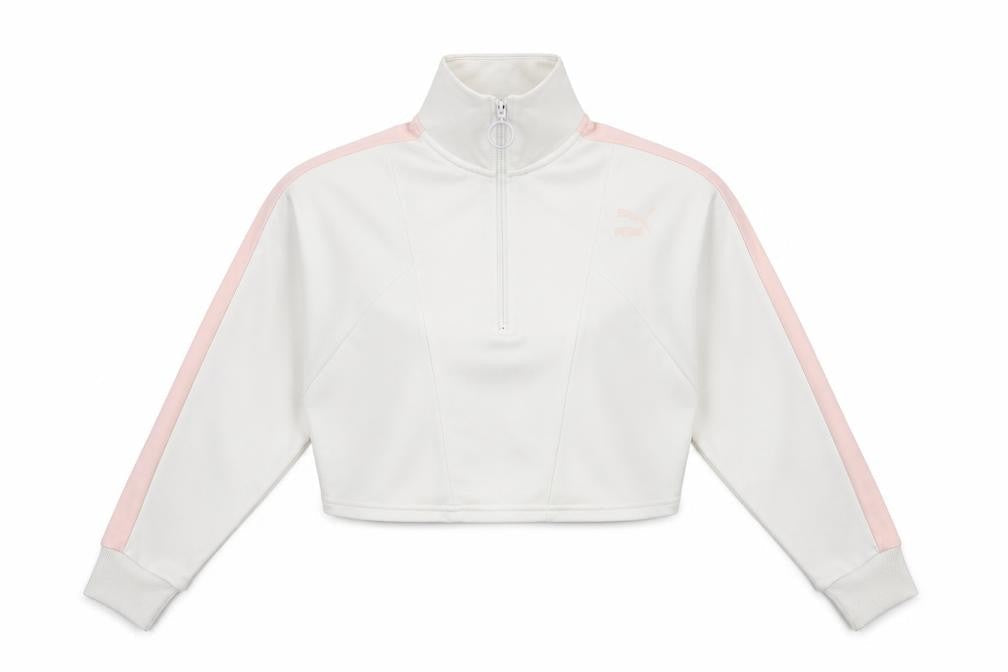 Front view of Puma Women White Pink 1/2 Zip Sweatshirt XS Tailored Sport Style