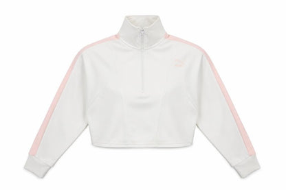 Front view of Puma Women White Pink 1/2 Zip Sweatshirt XS Tailored Sport Style