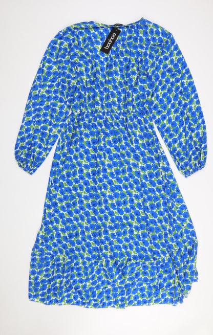 Boohoo Women Blue Floral Wrap Midi Dress Plus Size 16
