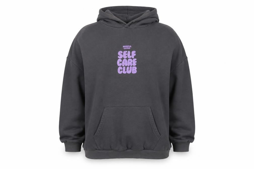Front view of Dunnes Women Charcoal XXL Pullover Hoodie Mindful Living Self Care Club