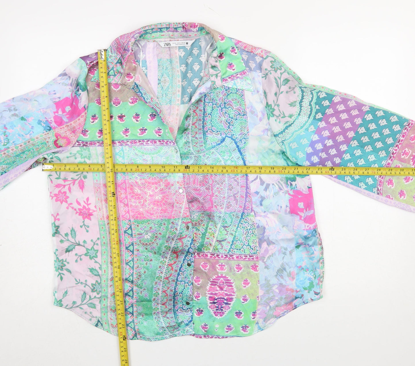 ZARA Women’s Multicoloured Bohemian Long Sleeve Sheer Blouse Size 14
