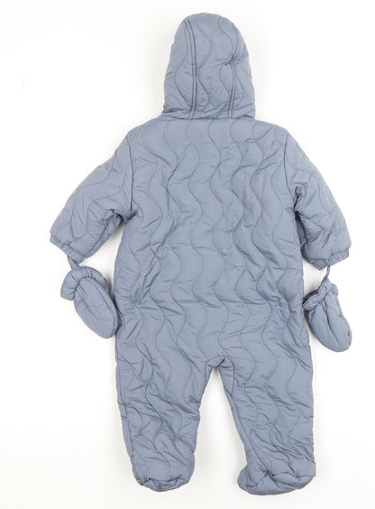 Marks and Spencer Blue Quilted Hooded Coverall 6-9 Months Unisex Winter