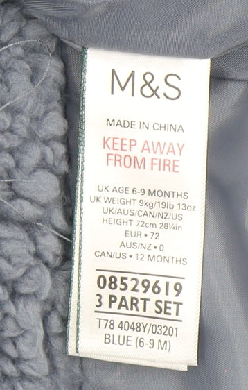 Marks and Spencer Blue Quilted Hooded Coverall 6-9 Months Unisex Winter