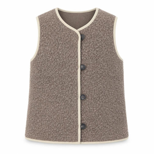 Front view of Levete Room unisex brown xs fleece button waistcoat
