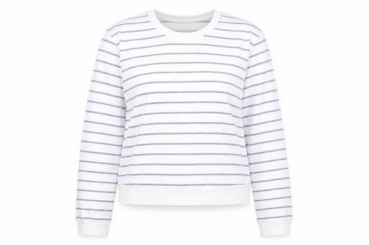Front view of ASOS Women White Blue Striped Cotton Crew Neck Pullover Sweatshirt UK 10