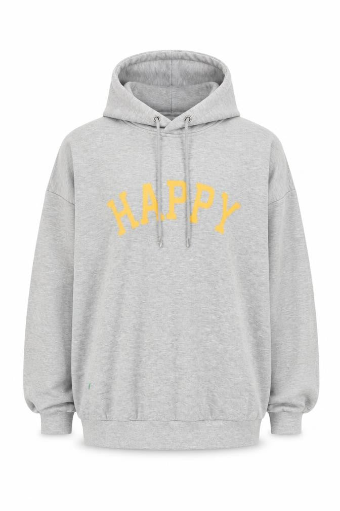Front view of Noisy May unisex grey hoodie with yellow print, size L