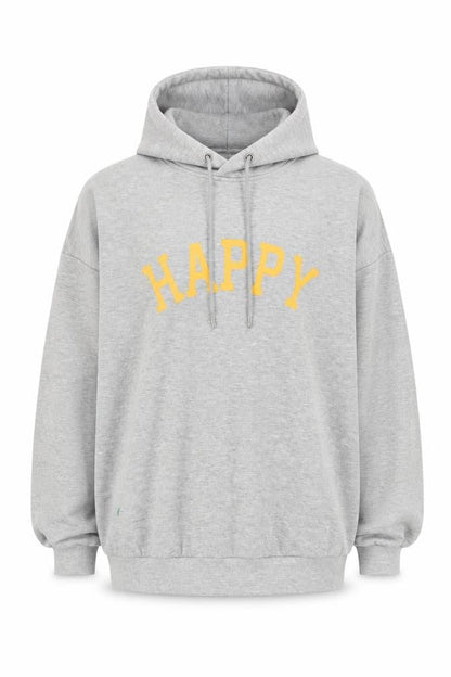 Front view of Noisy May unisex grey hoodie with yellow print, size L