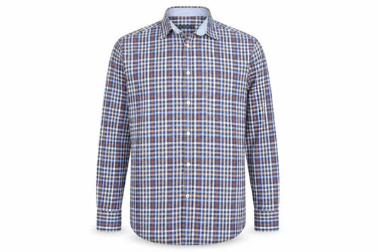 Front view of Dunnes Men's Blue Check Long Sleeve Cotton Button-Up Shirt M
