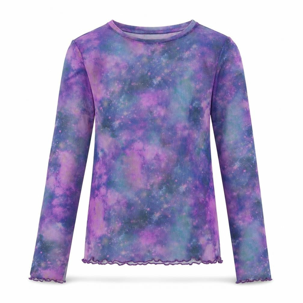 Front view of Primark girls’ purple sheer galaxy long sleeve mesh t-shirt 12-13 years