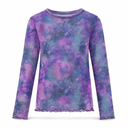Front view of Primark girls’ purple sheer galaxy long sleeve mesh t-shirt 12-13 years