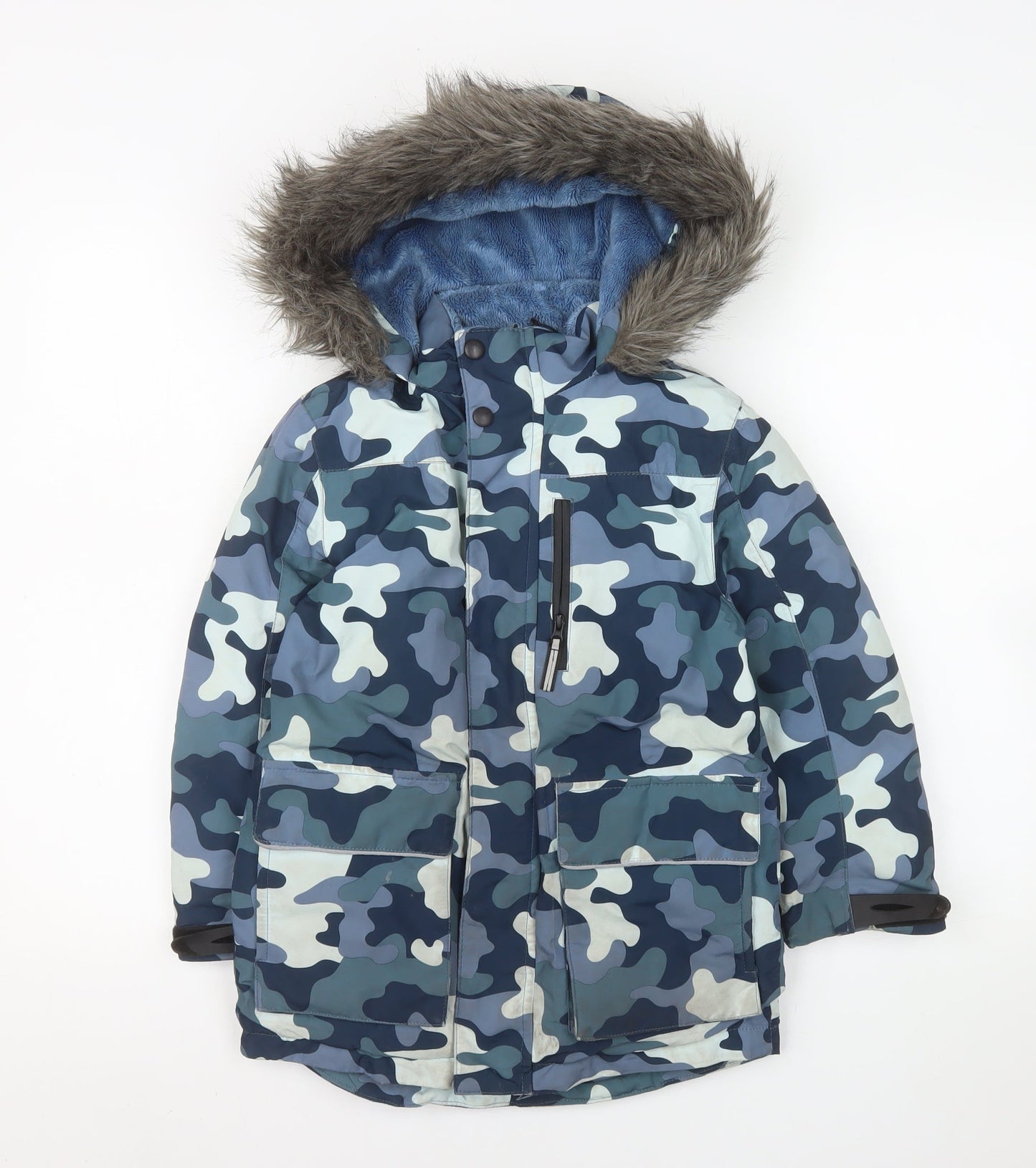 John Lewis Boys Blue Camouflage Parka Coat Age 7 Waterproof Faux Fur Hood