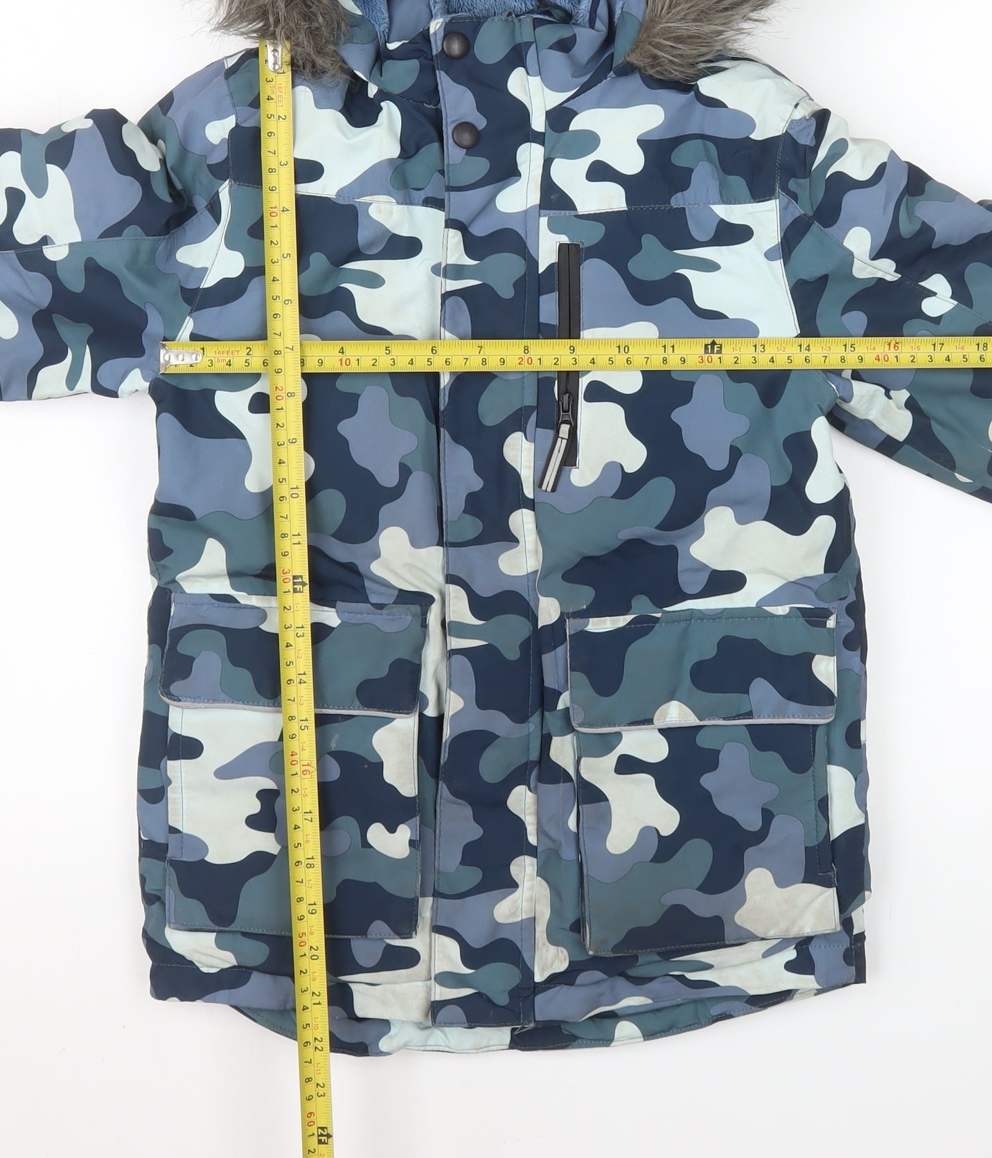 John Lewis Boys Blue Camouflage Parka Coat Age 7 Waterproof Faux Fur Hood