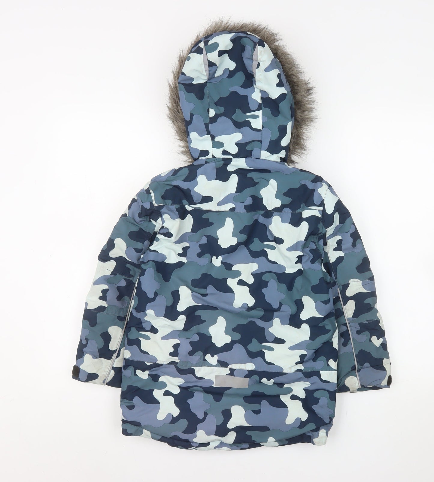 John Lewis Boys Blue Camouflage Parka Coat Age 7 Waterproof Faux Fur Hood