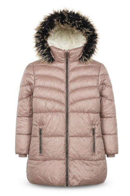 Next Girls Beige Hooded Long Puffer Coat 7 Years Faux Fur Trim Winter Jacket