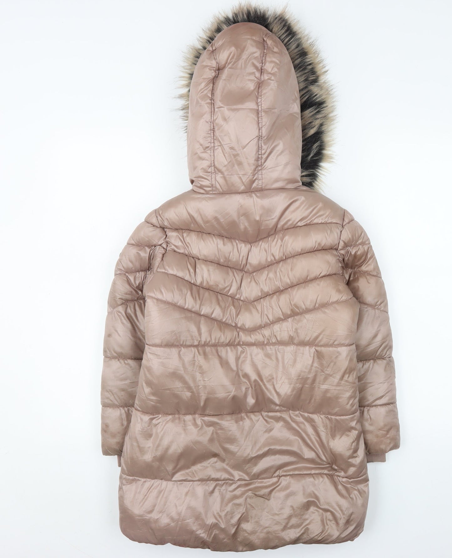 Next Girls Beige Hooded Long Puffer Coat 7 Years Faux Fur Trim Winter Jacket