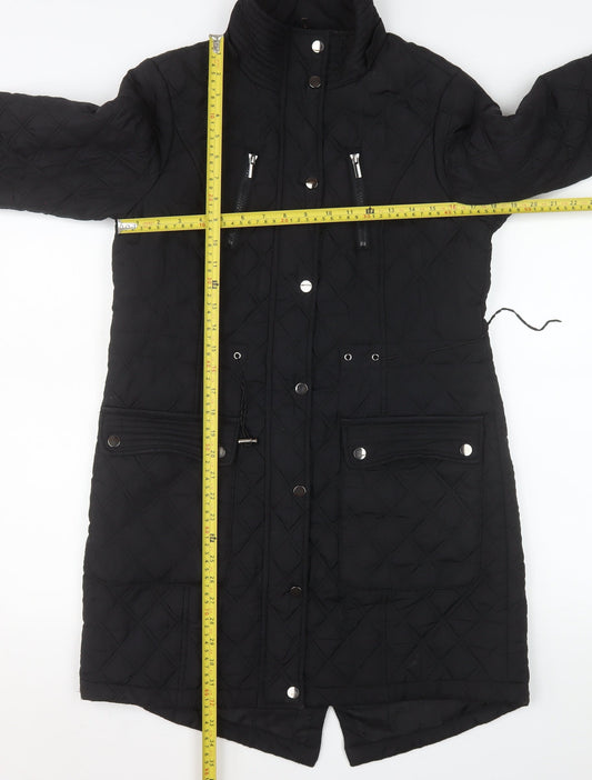 Tu Women’s Black Quilted Long Coat Size 10 Lined Zip Pockets