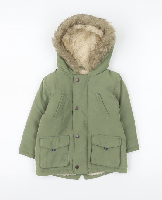 George Unisex Baby Green Hooded Parka Coat 12-18 Months Faux Fur Lined Winter Jacket