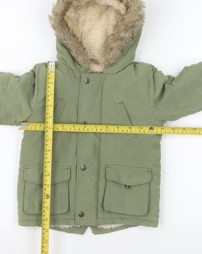 George Unisex Baby Green Hooded Parka Coat 12-18 Months Faux Fur Lined Winter Jacket