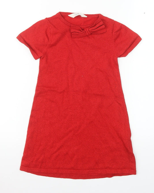 H&M Girls Red Bow Knit Shift Dress 5-6 Years Short Sleeve Cotton Blend
